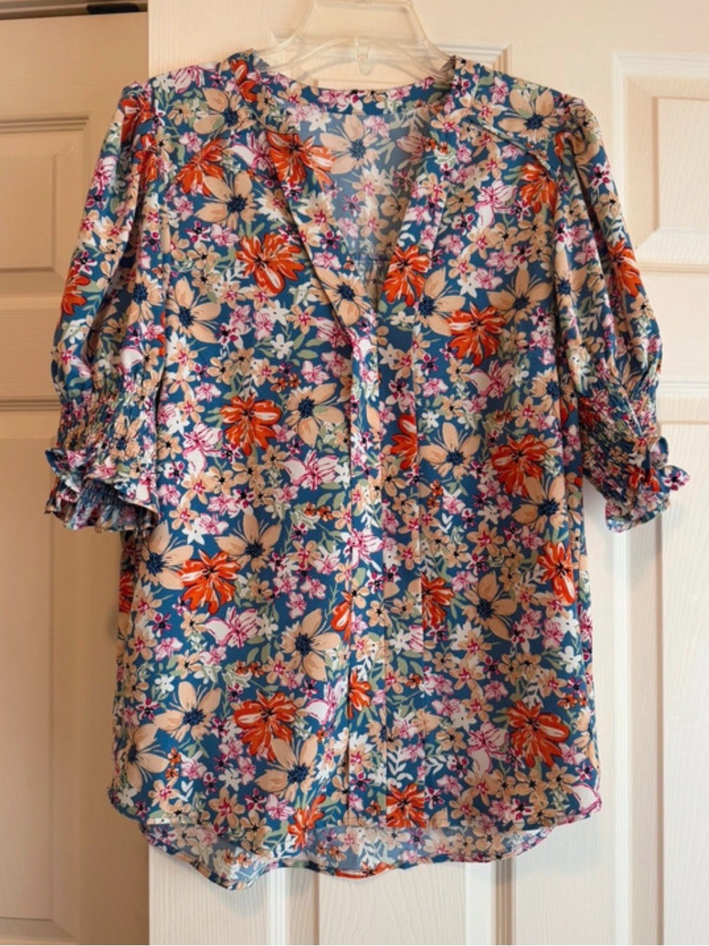Floral V-Neck Puff-Sleeve Blouse - Blue with Orange Accents